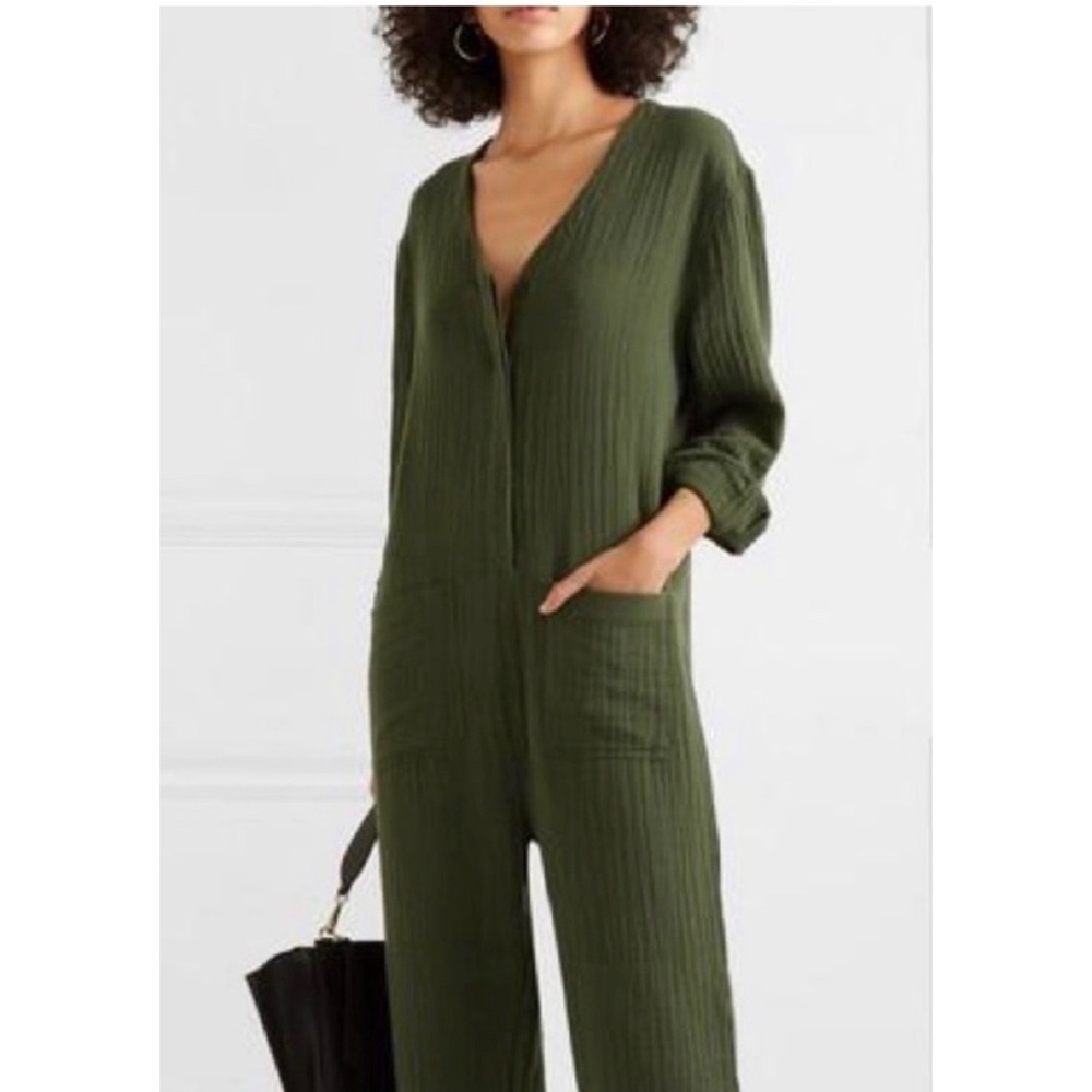 The Great Army Green Cotton Gauze Jumpsuit V-Neck Button Front Size 1